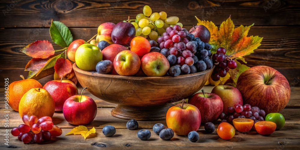 A vibrant still-life arrangement of colorful seasonal fruits, including apples, grapes, and oranges, spills out of a A vibrant still-life arrangement of colorful seasonal fruits, including apples, grapes, and oranges, spills out of a