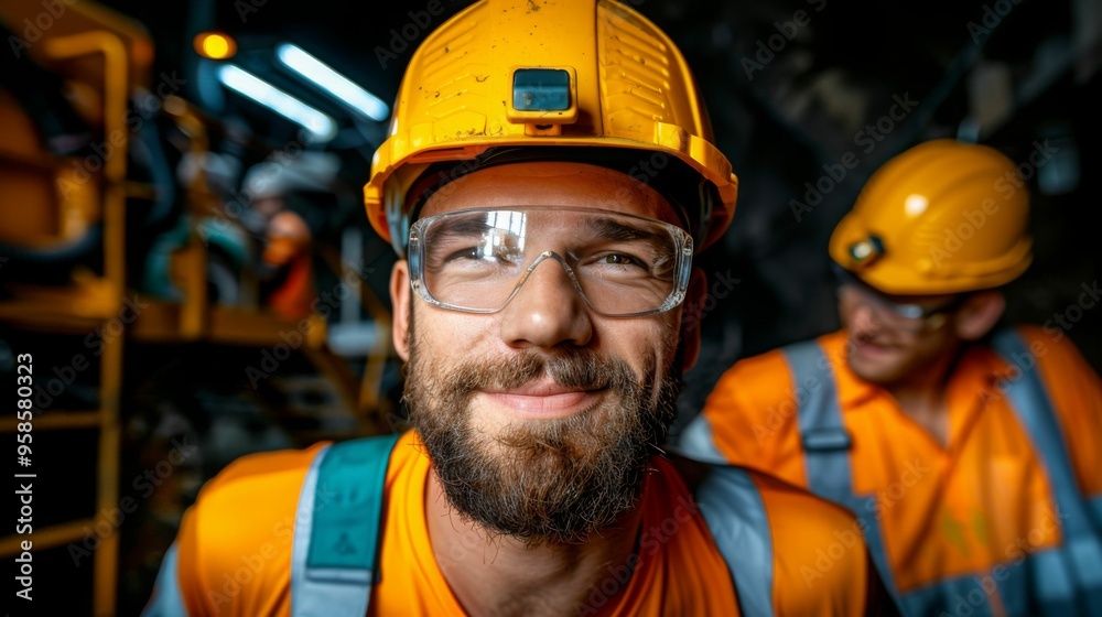 A smiling worker in a yellow hard hat, working in an industrial setting. A smiling worker in a yellow hard hat, working in an industrial setting.