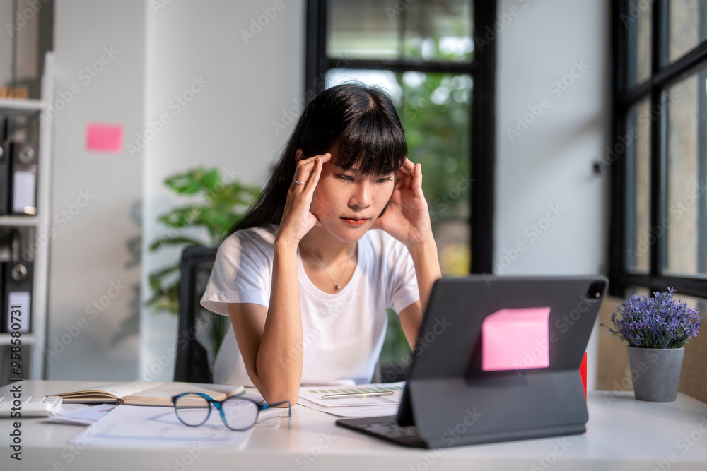 Young asian businesswoman having headache while working on digital tablet at office Young asian businesswoman having headache while working on digital tablet at office