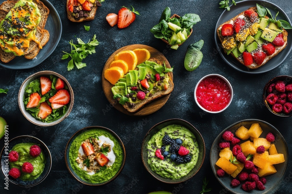 A vibrant assortment of healthy foods including toast, fruits, and smoothies. A vibrant assortment of healthy foods including toast, fruits, and smoothies.
