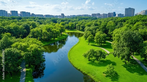 Urban Oasis Aerial View with River and Green Trees