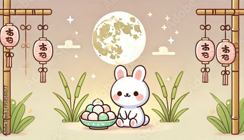 A cute and simple illustration for the Moon Viewing Festival (Tsukimi) featuring an adorable rabbit sitting next to a plate of dango under a glowing photo