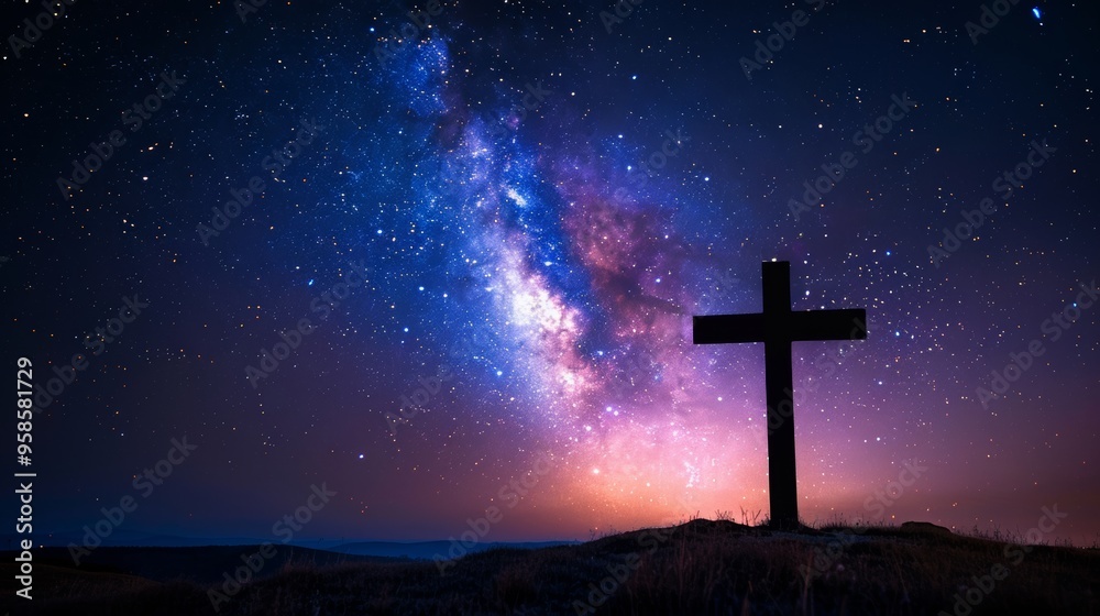 Photograph of the silhouette of a cross against a starry sky, a religious image. Photograph of the silhouette of a cross against a starry sky, a religious image.