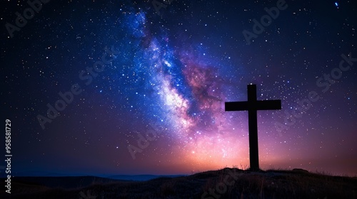 Photograph of the silhouette of a cross against a starry sky, a religious image.