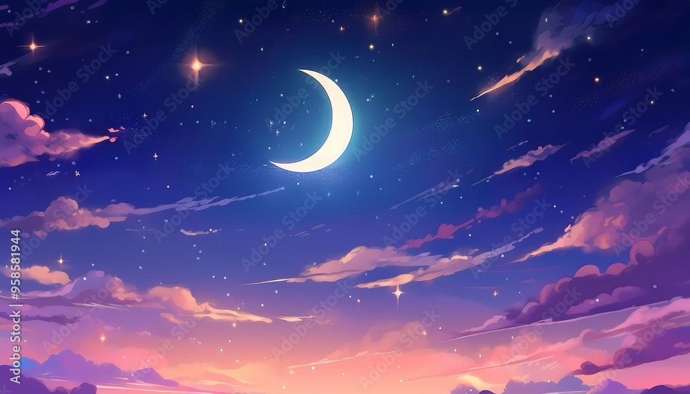 An enchanting twilight sky with glowing, scattered stars and a crescent moon creating a magical scene. An enchanting twilight sky with glowing, scattered stars and a crescent moon creating a magical scene.