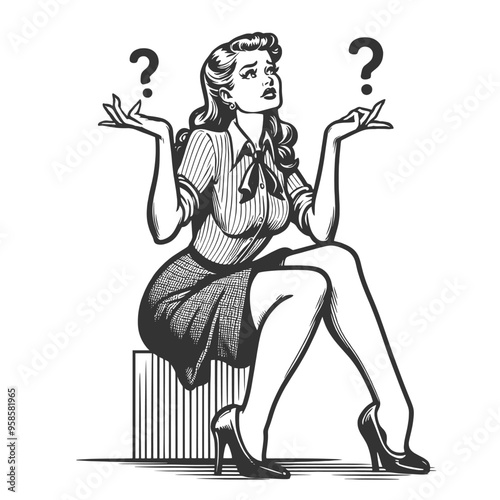 woman with dilemma confusion or uncertainty, question mark above her head sketch engraving generative ai fictional character vector illustration. Scratch board imitation. Black and white image.