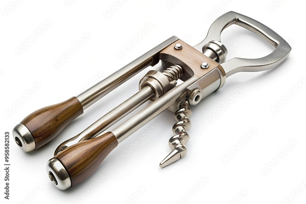 Wine opener isolated on a white background, corkscrew, kitchen gadget, opener, cork remover, stainless steel, sommelier, opener, uncork, wine tasting, alcohol, isolated, manual Wine opener isolated on a white background, corkscrew, kitchen gadget, opener, cork remover, stainless steel, sommelier, opener, uncork, wine tasting, alcohol, isolated, manual
