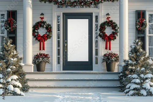 Snowy Front Porch with Christmas Wreaths and a White Door