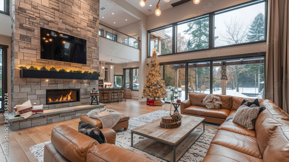 A spacious living room features a grand stone fireplace, cozy seating areas, and large windows revealing a snowy forest landscape, creating a warm, inviting atmosphere. A spacious living room features a grand stone fireplace, cozy seating areas, and large windows revealing a snowy forest landscape, creating a warm, inviting atmosphere.