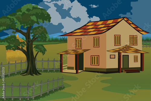 Village landscape, cottage house illustration featuring a traditional peasant house, perfect for a lively cartoon background scene
