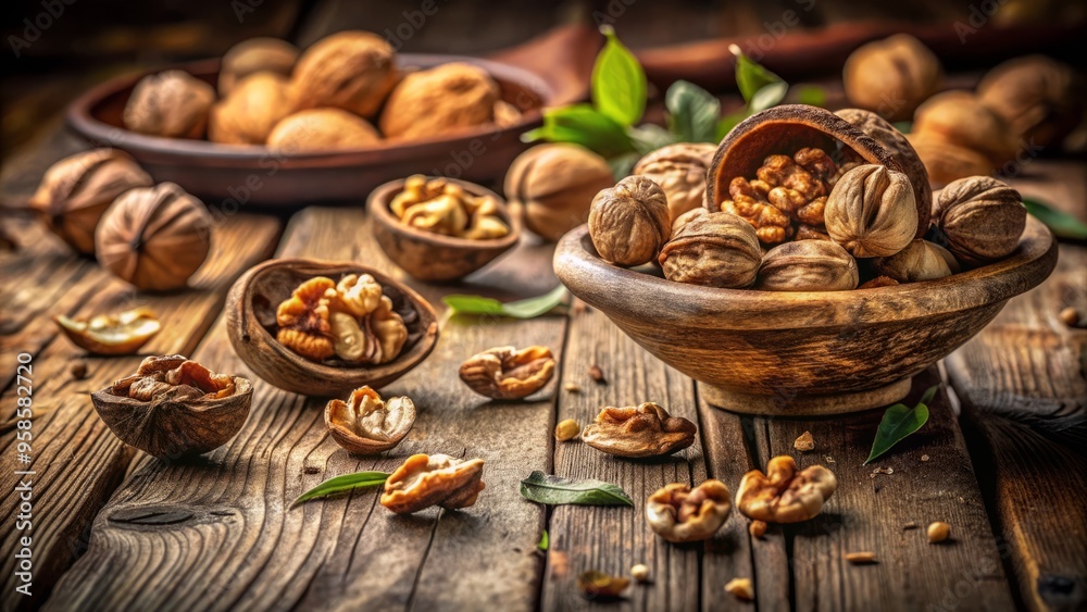 A warm, rustic still life of cracked open walnuts spills onto a vintage wooden table, surrounded by natural A warm, rustic still life of cracked open walnuts spills onto a vintage wooden table, surrounded by natural