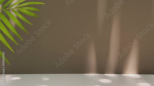 Realistic swaying shadows of leaves, creating patterns on a brown wall in a serene and empty room setting.