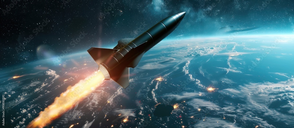 portrait of a hypersonic Missile or rocket over an apocalyptic Earth. Blue Moon in the sky portrait of a hypersonic Missile or rocket over an apocalyptic Earth. Blue Moon in the sky
