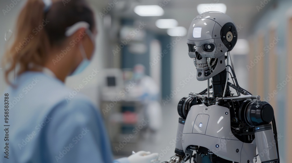 The Future of Healthcare: A female doctor in a sterile environment interacts with a robotic assistant, symbolizing the cutting-edge advancements in medical technology and the potential of AI in health The Future of Healthcare: A female doctor in a sterile environment interacts with a robotic assistant, symbolizing the cutting-edge advancements in medical technology and the potential of AI in health