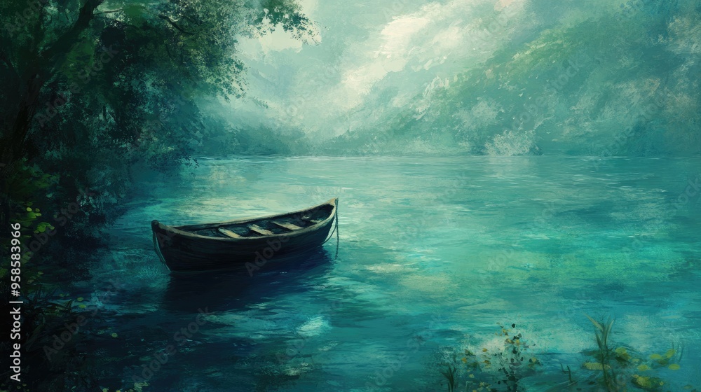 Fototapeta premium A Rowboat Moored on a Still, Misty Lake