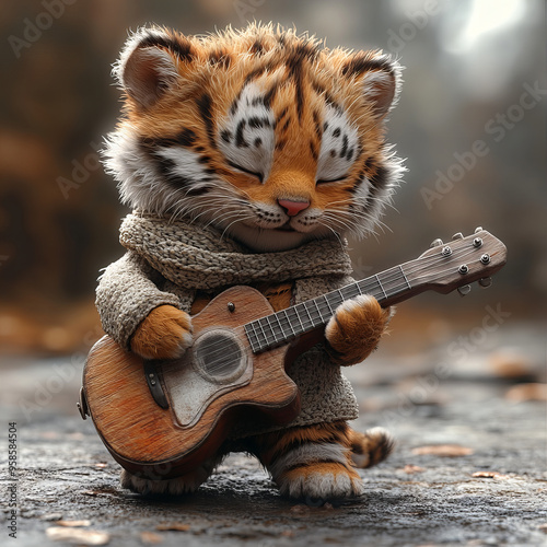 Charming Tiger Cub Playing Guitar in Cozy Autumn Setting, Detailed Illustration, Warm Colors, Whimsical and Cheerful Mood