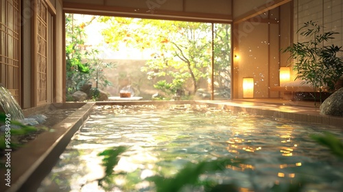 Japanese Onsen Hot Spring Bath with Garden View