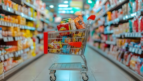 Shopping Cart Filled with Snacks in a Grocery Store Aisle photo