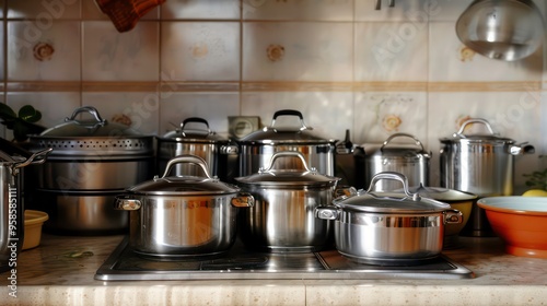 Several stainless steel pots sit on a modern, electric stovetop in a kitchen.