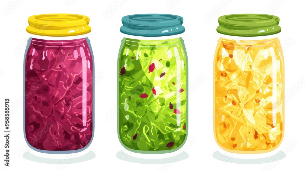 Three glass jars with colorful vegetables inside. Three glass jars with colorful vegetables inside.
