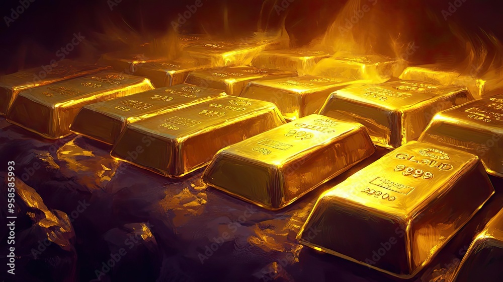 Illuminated gold bars stacked elegantly, showcasing their rich color and stunning texture, representing luxury and wealth. Illuminated gold bars stacked elegantly, showcasing their rich color and stunning texture, representing luxury and wealth.