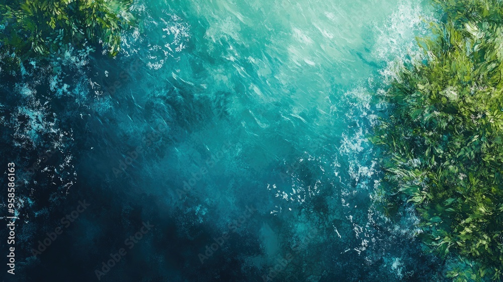 Obraz premium Lush Green Foliage Above Tranquil Blue Water