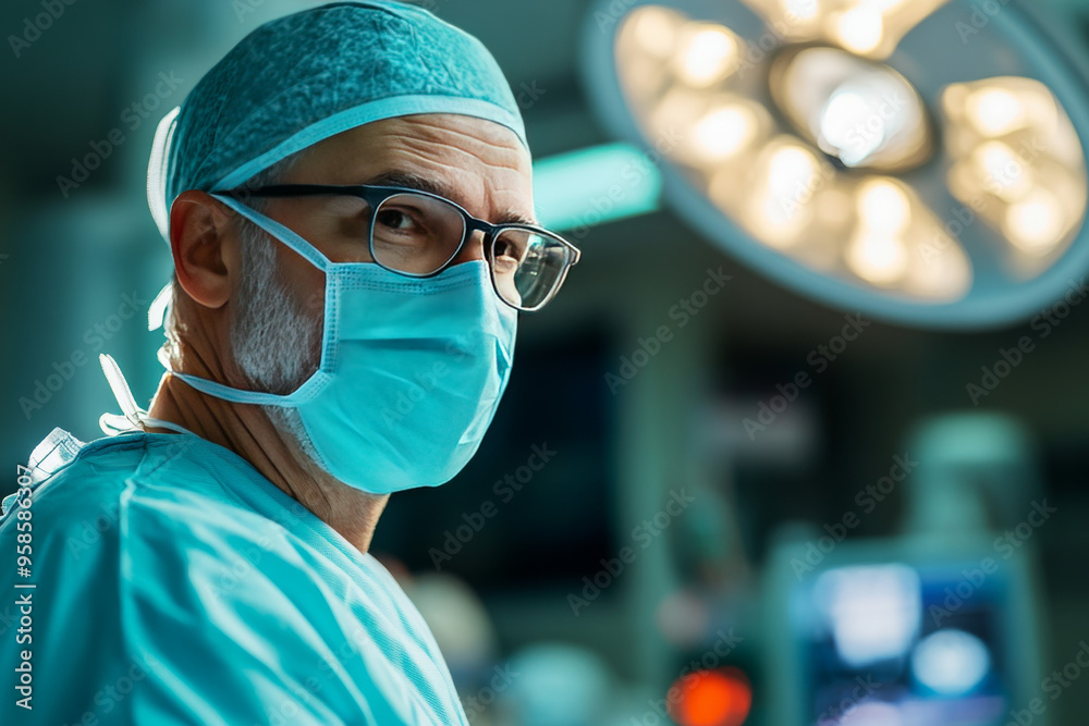 A senior surgeon wearing a surgical mask and cap, focused on a procedure in a well-lit operating room environment.
A senior surgeon wearing a surgical mask and cap, focused on a procedure in a well-lit operating room environment.