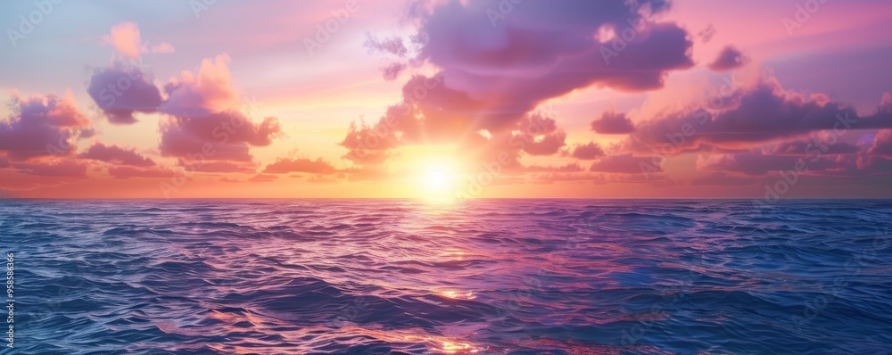 Obraz premium Horizon ablaze with the colors of sunrise, 4K hyperrealistic photo