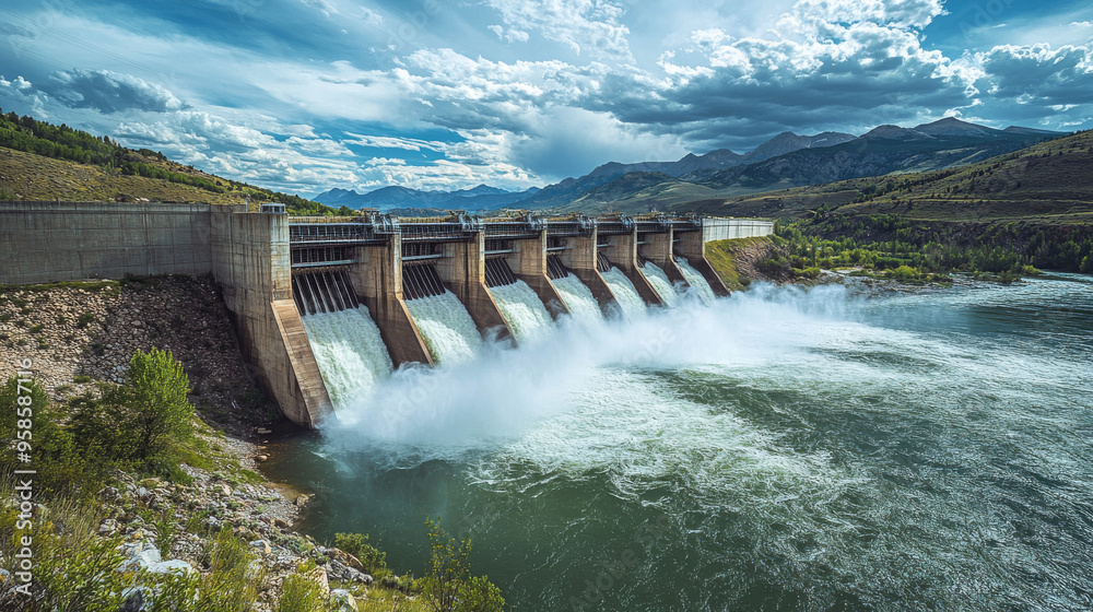 A large hydroelectric dam releasing water, set against a backdrop of mountains and a cloudy sky, highlighting energy production and nature.
A large hydroelectric dam releasing water, set against a backdrop of mountains and a cloudy sky, highlighting energy production and nature.