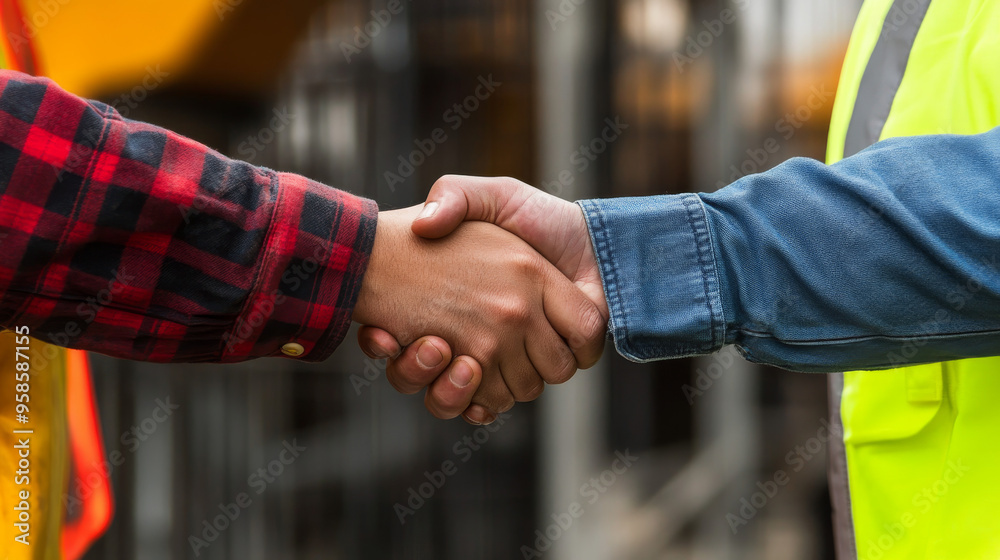 Fototapeta premium Close-up of two construction workers shaking hands at a job site, symbolizing agreement, teamwork, and successful collaboration in a construction setting. 