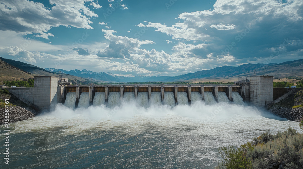 A large hydroelectric dam releasing water, set against a backdrop of mountains and a cloudy sky, highlighting energy production and nature.
A large hydroelectric dam releasing water, set against a backdrop of mountains and a cloudy sky, highlighting energy production and nature.