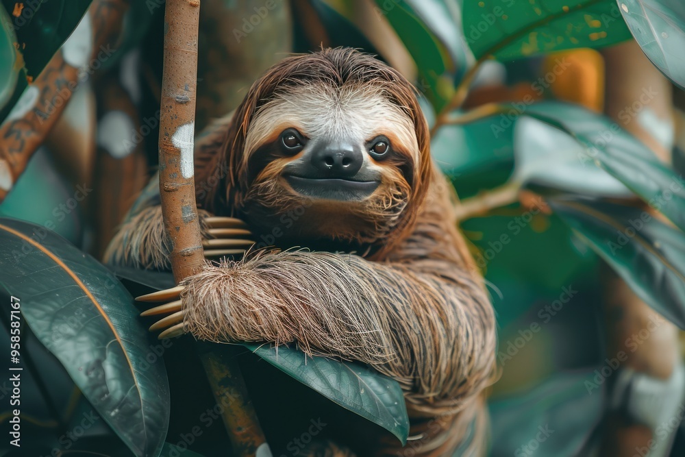 Fototapeta premium A sloth perched on a tree branch. This image captures the slow-moving nature of sloths and their unique charm.