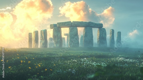 Ancient Stone Circle in Misty Field at Sunrise photo