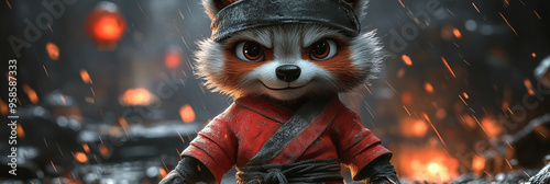 Armored Raccoon Warrior in Intense Battle Scene with Fiery Background and Rainfall in a Dramatic Digital Art Style photo