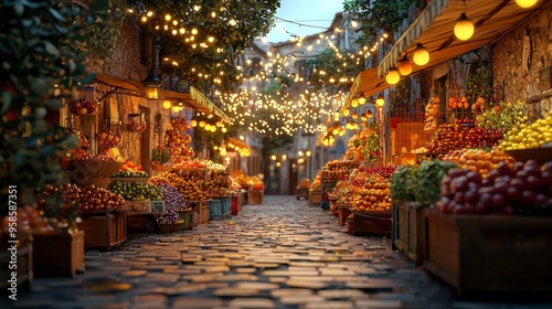 Cobblestone Street Market with Fruit and String Lights at Dusk