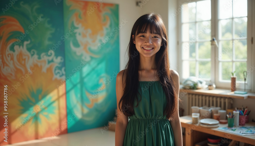 Fototapeta premium A young Asian girl with long dark hair wearing a green dress, smiling in front of a colorful abstract painting on the wall