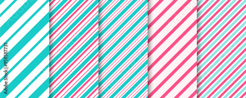 Peppermint candy cane seamless patterns set. Striped diagonal backgrounds.