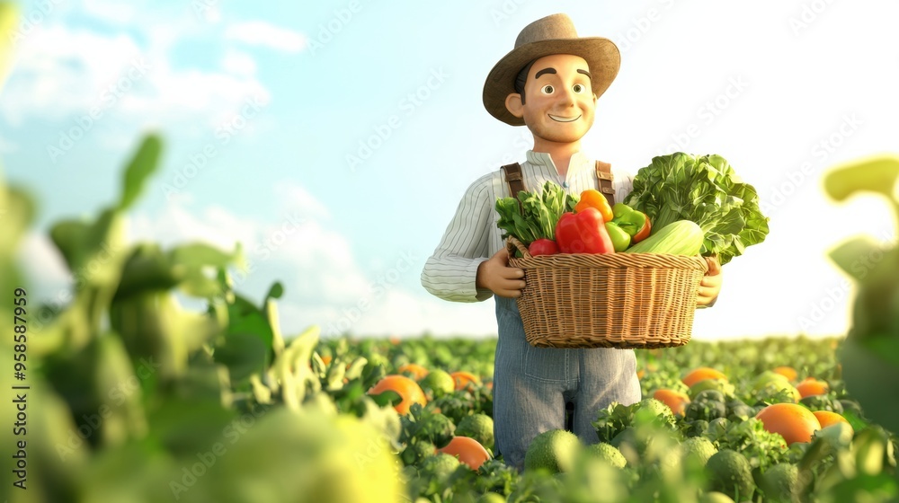 Organic Farmer Holding Basket of Freshly Harvested Vegetables in Lush Field Organic Farmer Holding Basket of Freshly Harvested Vegetables in Lush Field