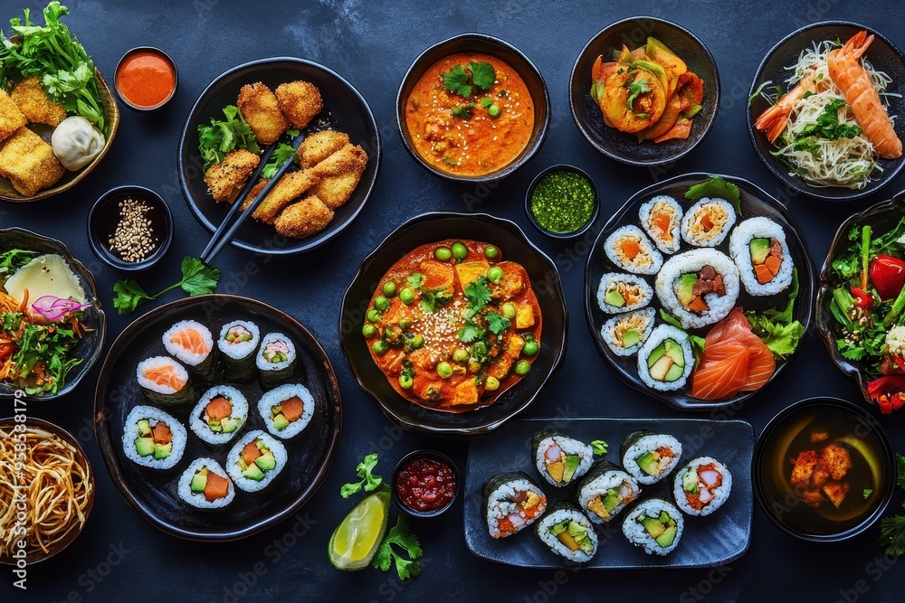 A vibrant assortment of sushi and Asian dishes arranged on a dark surface. A vibrant assortment of sushi and Asian dishes arranged on a dark surface.