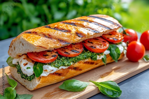 Frisches Sandwich, hausgemachter Pesto, gegrilltes GemÃ¼se sorgt fÃ¼r eine Geschmacksexplosion photo