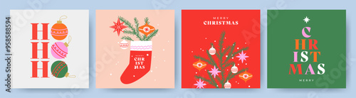 Merry Christmas greeting card Set. Modern art Xmas design with typography and beautiful snowflakes, Christmas tree, toys and stars. Trendy hand drawn illustration for season banner, poster, cover