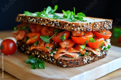 Frisches Sandwich, knuspriges Brot, frische Zutaten machen jeden Bissen zu einem Genuss photo