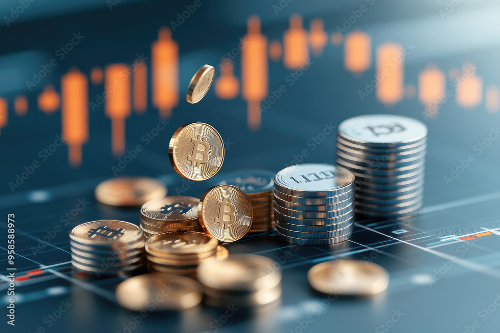 Φωτογραφία Visual representation of declining interest rates featuring a descending graph and falling coins, highlighting the economic impact in financial markets