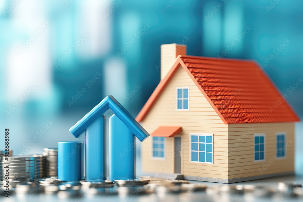Φωτογραφία Visual representation of falling interest rates with a house and declining mortgage rate symbol, illustrating impacts on homeownership and the housing market