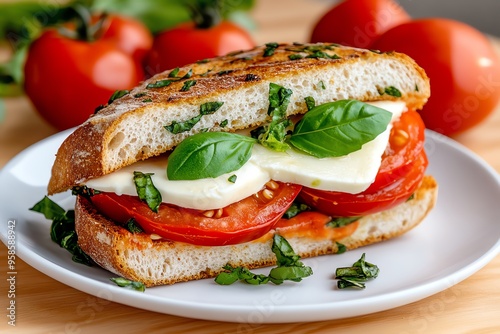 Frisches Sandwich, sonnengetrocknete Tomaten, Mozzarella bringen den Geschmack des Mittelmeers auf den Teller photo