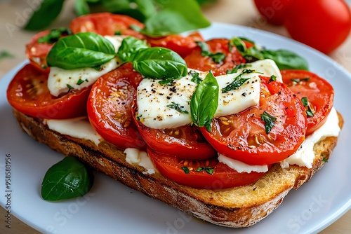 Frisches Sandwich, sonnengetrocknete Tomaten, Mozzarella bringen den Geschmack des Mittelmeers auf den Teller photo