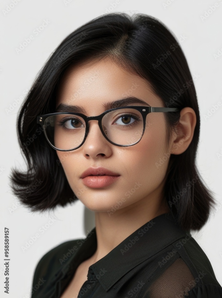 An attractive woman with black hair wearing glasses isolated on a white background An attractive woman with black hair wearing glasses isolated on a white background