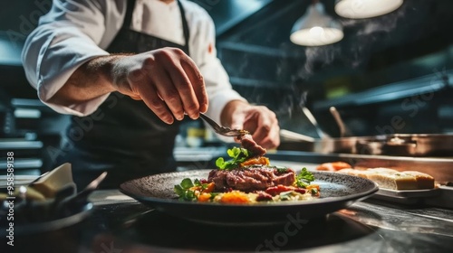 Masterfully Presented Gourmet Meal Showcasing Culinary Excellence in a Fine Dining Restaurant Kitchen photo