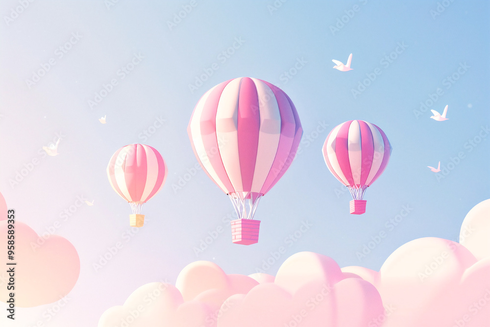Hot air balloons with bright patterns floating gently in a blue sky with soft clouds. Hot air balloons with bright patterns floating gently in a blue sky with soft clouds.