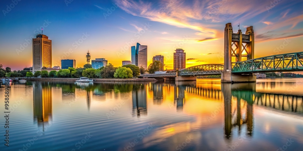 sunset sky, Sacramento River, tourism, urban, cityscape, Sunset above the Sacramento skyline with the Sacramento River and Tower Bridge in California captured from a worm s eye view sunset sky, Sacramento River, tourism, urban, cityscape, Sunset above the Sacramento skyline with the Sacramento River and Tower Bridge in California captured from a worm s eye view